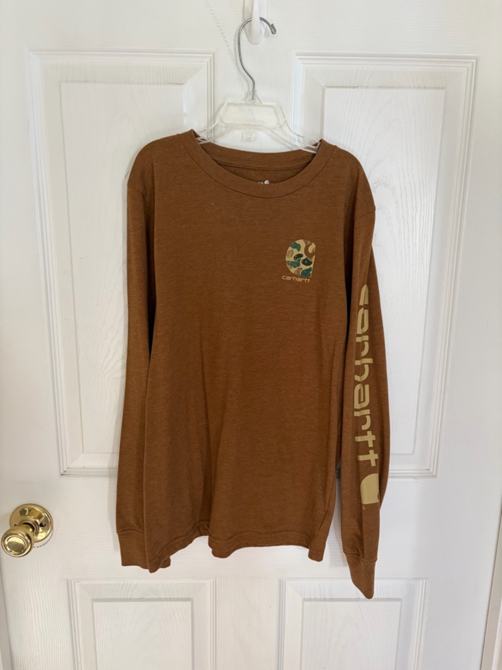 Carhartt Brown Long Sleeve Tee with Camo Logo and Sleeve Script